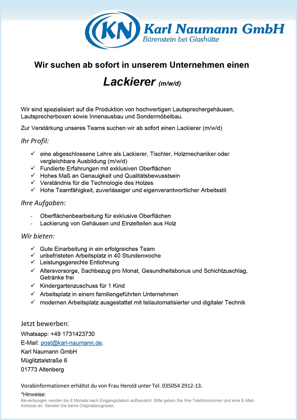 Freie Stellen bei der Karl Naumann GmbH